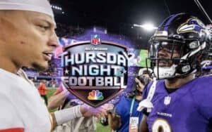 Patrick Mahomes and Lamar Jackson with a Thursday Night Football logo between them
