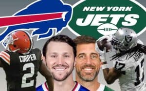 Davante Adams and Aaron Rodgers over a Jets logo next to Amari Cooper and Josh Allen over a Bills logo