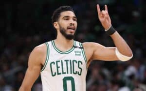 Jayson Tatum of the Celtics holding up a bull horn gesture