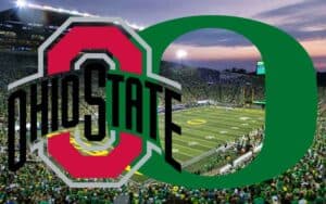 Logos for Ohio State and Oregon placed over Autzen Stadium