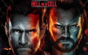 closeups of CM Punk and Drew McIntyre with a Hell in a Cell logo top center