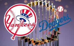 Yankees and Dodgers logos in front of the MLB Commissioners Trophy