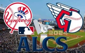 ALCS 2024, Yankees, and Guardians Logos Over Yankees Stadium