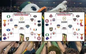 two CFP brackets on top of fans carrying the Oregon Ducks mascot