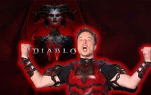 Elon Musk wearing battle gear in front of the cover for Diablo 4