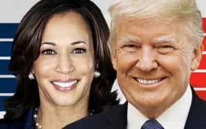 a close up of Kamala Harris and Donald Trump smiling