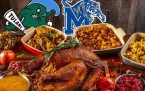 Tulane and Memphis mascots at the Thanksgiving table