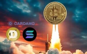 Bitcoin launching into space while Cardano Solano and Dogecoin logos watch