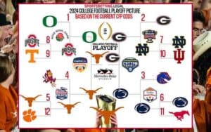 College Football Playoff odds projected into a bracket over Texas fans cheering