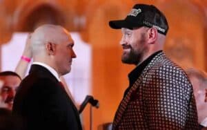 Tyson Fury and Oleksandr Usyk facing off before their second fight