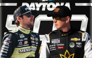 Kyle Busch and Ryan Blaney in front of a 2025 Daytona 500 logo