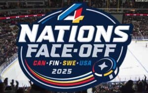 a logo for the 4 Nations Face Off in front of a hockey rink
