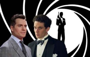 Henry Cavill and James O'Connor in front of a James Bond title screen