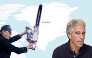 Elon Musk with a chainsaw, Greenland map, and Jeffrey Epstein