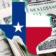 Texas glowing green over a pile of money