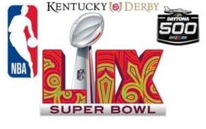 logos for Super Bowl LIX, the Kentucky Derby, NBA, and Daytona 500