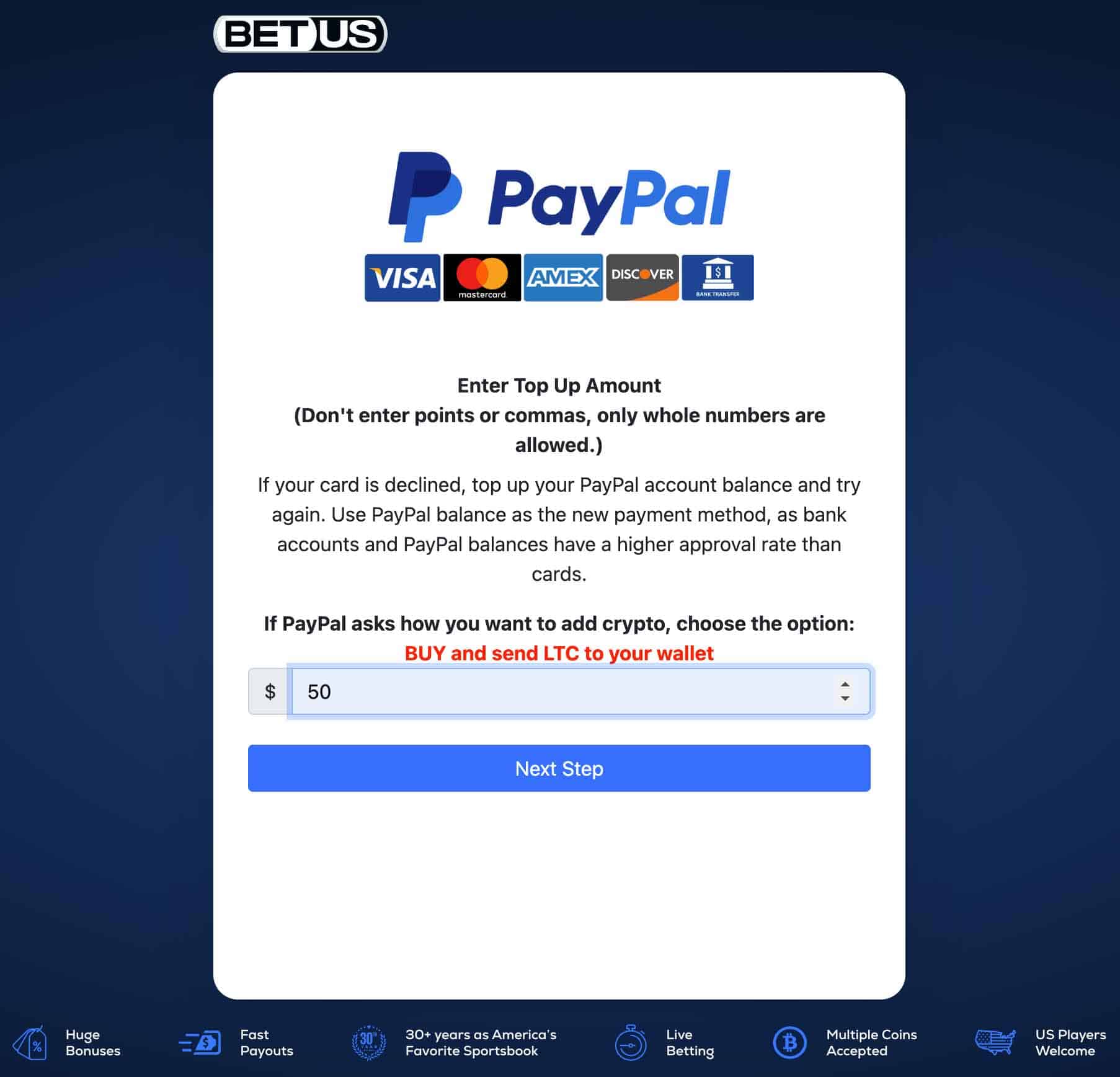 A window for purchasing Litecoin via PayPal at BetUS