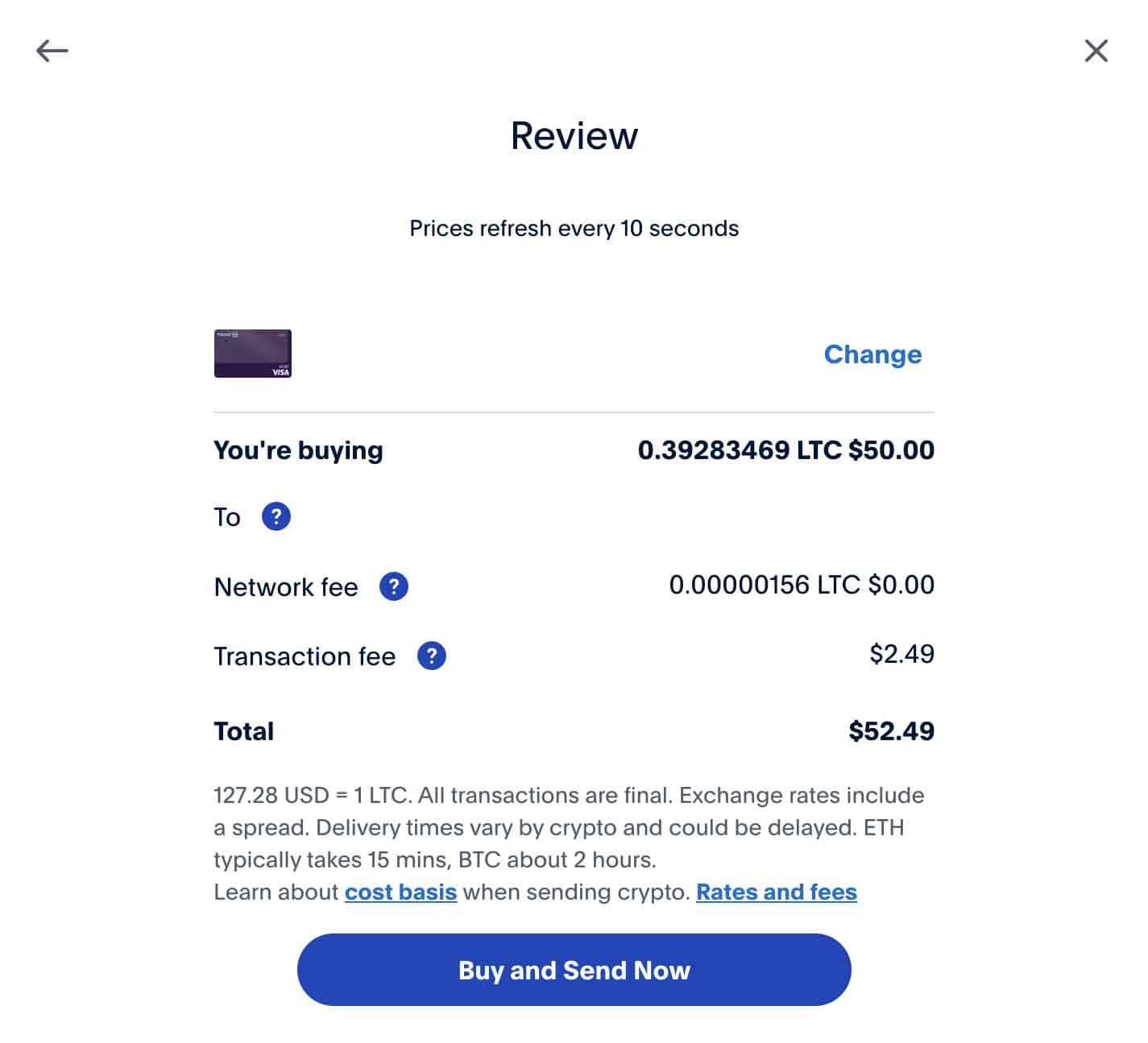a window for reviewing your LTC purchase at PayPal