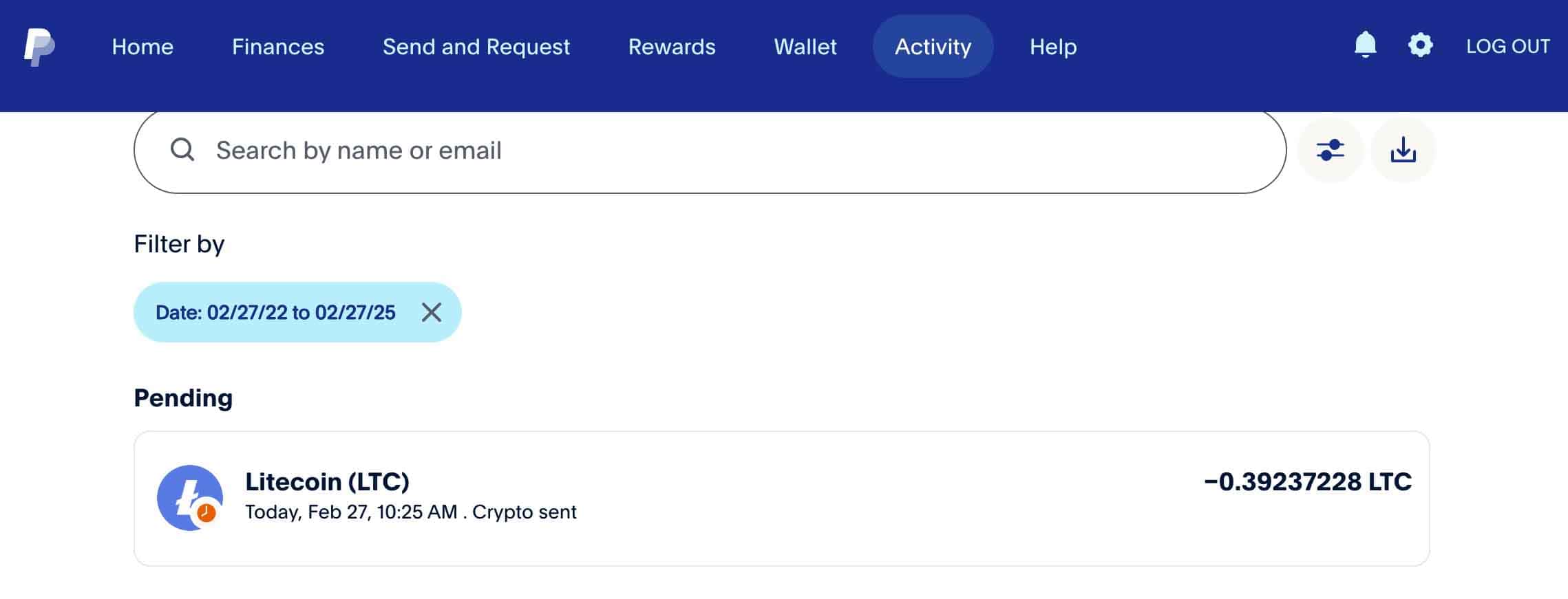 PayPal account status showing LTC transaction is pending
