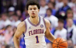 Walter Clayton Jr. of the Florida Gators dribbling a basketball