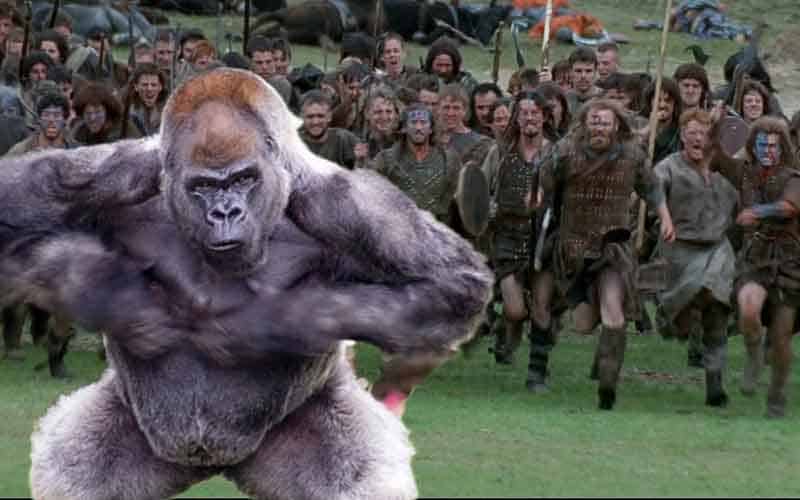 a silverback gorilla in front of an advancing legion