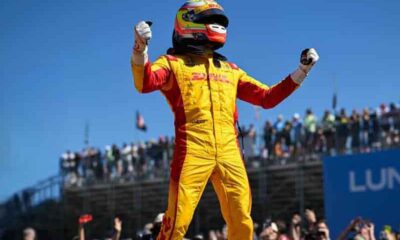 Alex Palou celebrating an IndyCar race win