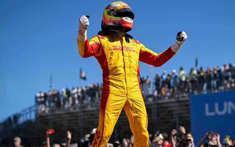 Alex Palou celebrating an IndyCar race win