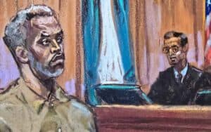 a courtroom sketch of Diddy facing the judge