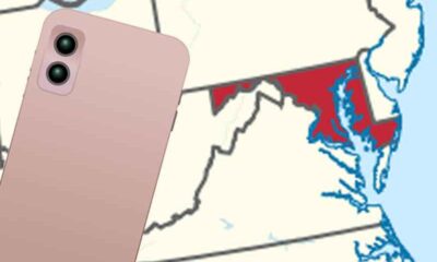 a pink mobile phone and the state of MD colored in red