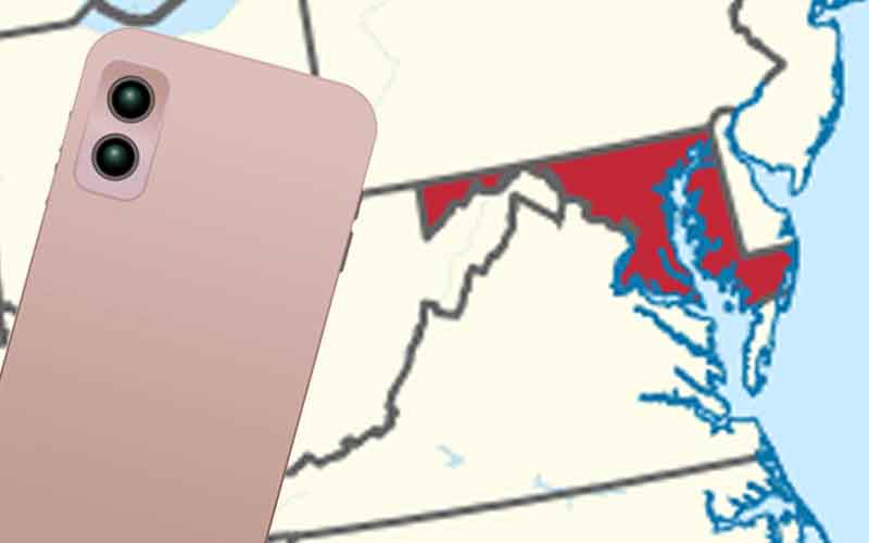 a pink mobile phone and the state of MD colored in red