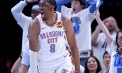 Jalen Williams of the Oklahoma City Thunder celebrating