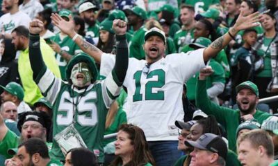 Eagles fans cheering in the stands