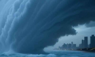 a hurricane making landfall on a coastal city