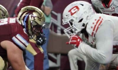 A D.C. Defenders and Michigan Panthers lineman on the line of scrimmage