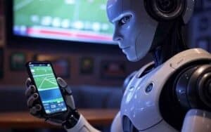 a robot using a mobile sportsbook app at a sports bar