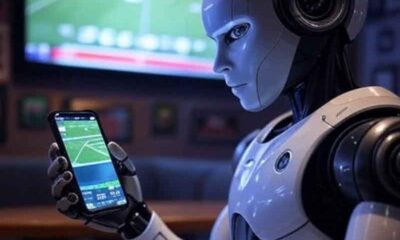 a robot using a mobile sportsbook app at a sports bar
