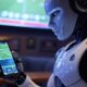 a robot using a mobile sportsbook app at a sports bar