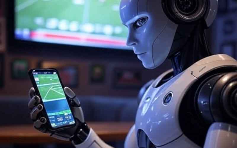 a robot using a mobile sportsbook app at a sports bar