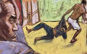 a courtroom sketch of Diddy looking at a video of him and Cassie