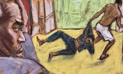 a courtroom sketch of Diddy looking at a video of him and Cassie
