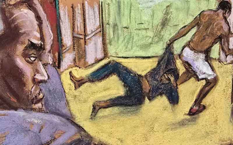 a courtroom sketch of Diddy looking at a video of him and Cassie