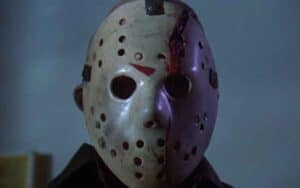a close up of Jason Voorhees from Friday the 13th Part 5