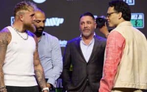 Jake Paul and Julio Caesar Chavez Jr. facing off at a press conference