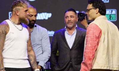 Jake Paul and Julio Caesar Chavez Jr. facing off at a press conference