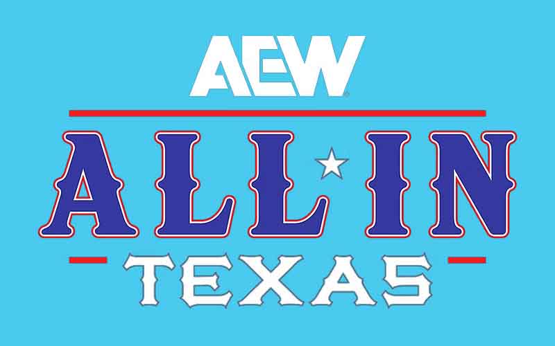 a logo for AEW All In Texas over an aqua blue background