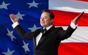 Elon Musk in a tuxedo in front of an Ameican Flag