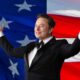 Elon Musk in a tuxedo in front of an Ameican Flag