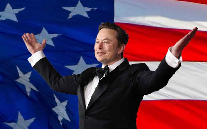 Elon Musk in a tuxedo in front of an Ameican Flag