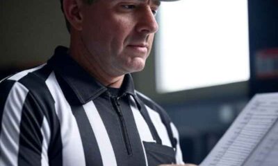An NFL referee reading new NFL rules