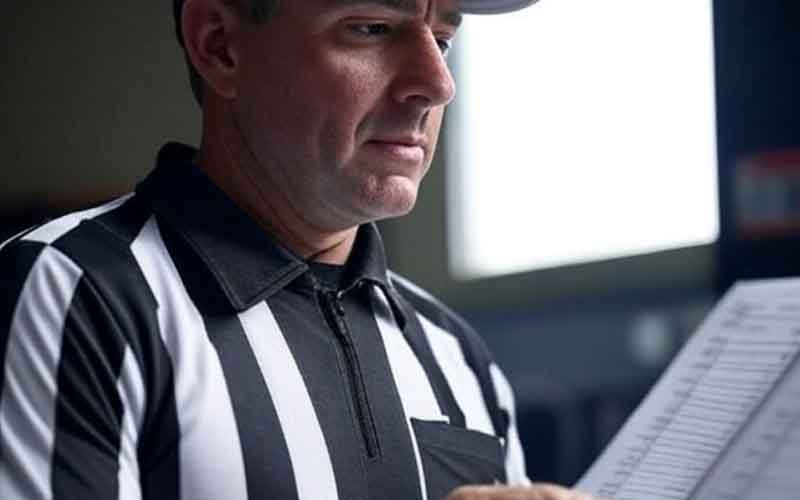 An NFL referee reading new NFL rules